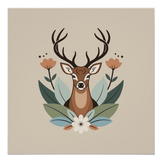 Woodland Harmony – Boho Deer Botanical Illustratio ポスター (正面)