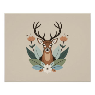 Woodland Harmony – Boho Deer Botanical Illustratio ポスター