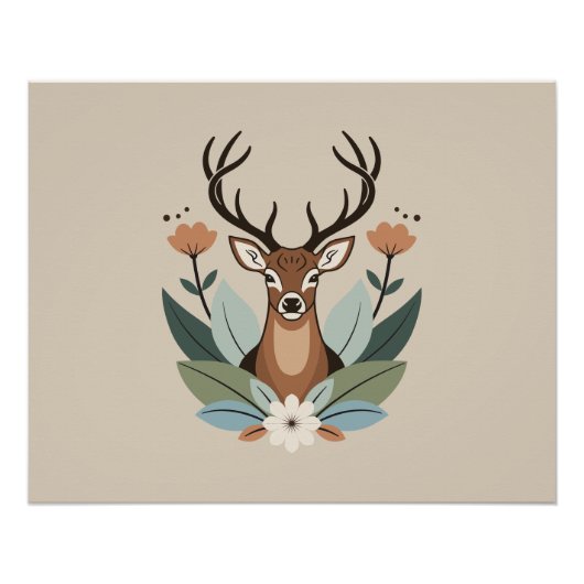 Woodland Harmony – Boho Deer Botanical Illustratio ポスター (正面)