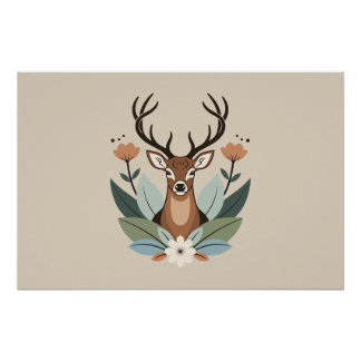 Woodland Harmony – Boho Deer Botanical Illustratio ポスター