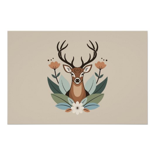 Woodland Harmony – Boho Deer Botanical Illustratio ポスター (正面)