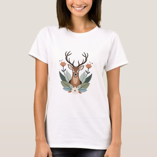 Woodland Harmony – Boho Deer Botanical Illustratio Tシャツ (正面)