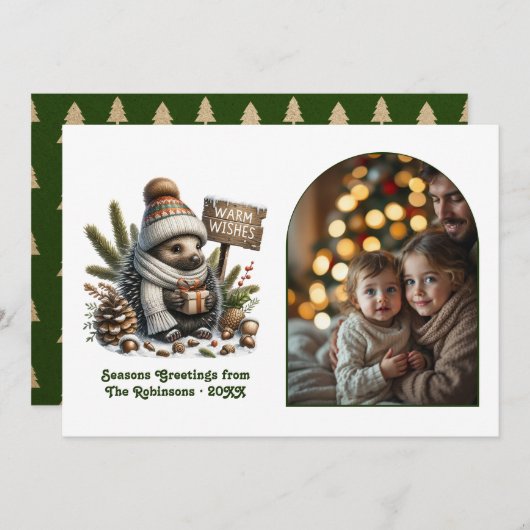 Woodland Hedgehog Cozy Forest Christmas Photo シーズンカード (正面/裏面)