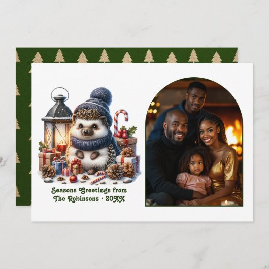 Woodland Hedgehog Cozy Forest Christmas Photo シーズンカード (正面/裏面)