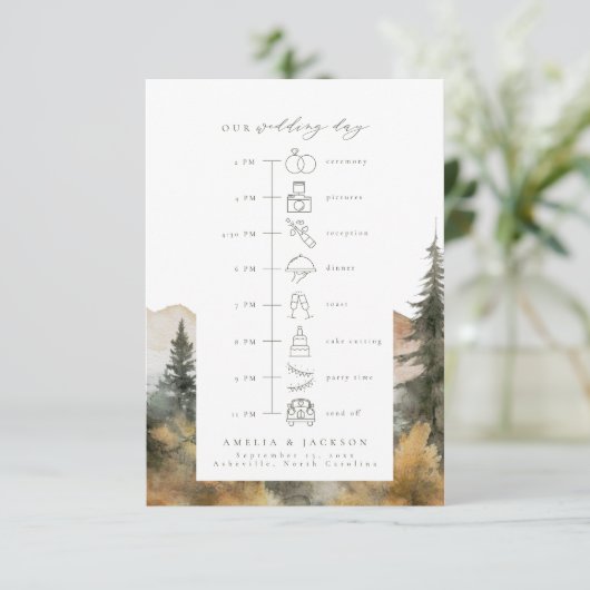 Woodland Mountain結婚のアイコン付きタイムライン エンクロージャーカード (スタンド正面)