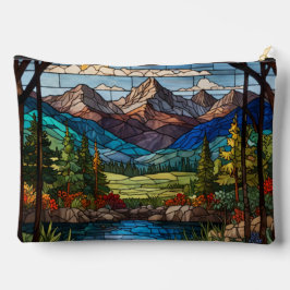Woodland mountain scene vintage stain glass アクセサリーポーチ
