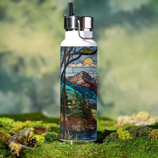 Woodland mountain scene vintage stain glass ウォーターボトル (アウトドア (回転後))