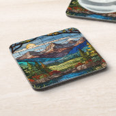 Woodland mountain scene vintage stain glass コースター (左側)