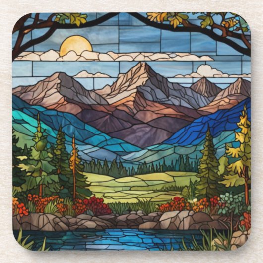 Woodland mountain scene vintage stain glass コースター (正面)