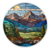 Woodland mountain scene vintage stain glass セラミックノブ (正面)