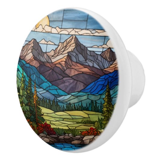 Woodland mountain scene vintage stain glass セラミックノブ (右)