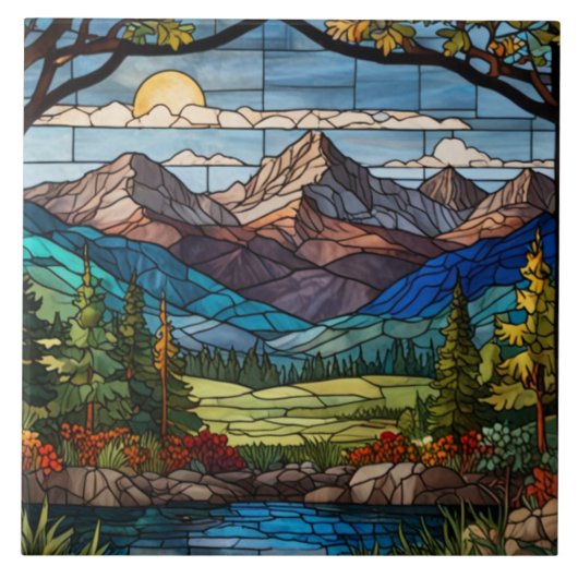 Woodland mountain scene vintage stain glass タイル (正面)