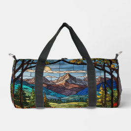 Woodland mountain scene vintage stain glass ダッフルバッグ