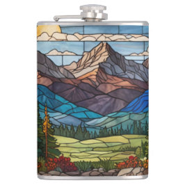 Woodland mountain scene vintage stain glass フラスク