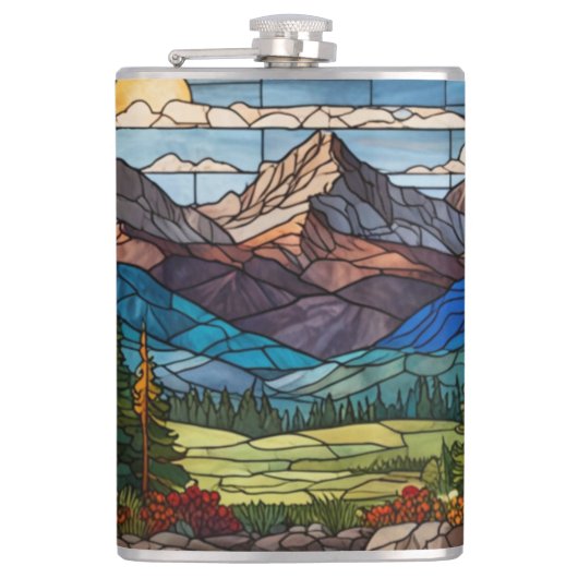 Woodland mountain scene vintage stain glass フラスク (正面)