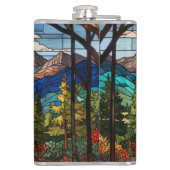 Woodland mountain scene vintage stain glass フラスク (裏面)