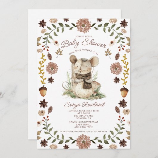 Woodland Mouse Baby Shower 招待状 (正面/裏面)