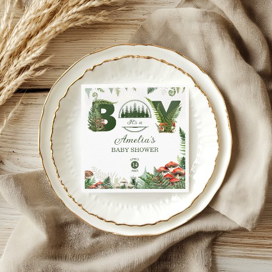 Woodland Mushroom & Fern It’s a Boy Baby Shower スタンダードカクテルナプキン