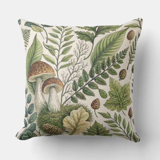 Woodland Mushrooms Pinecones Ferns Autumn Pattern クッション (正面)