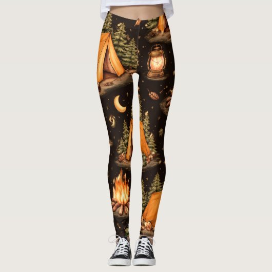 Woodland Nights Camping Pattern Leggings レギンス (正面)