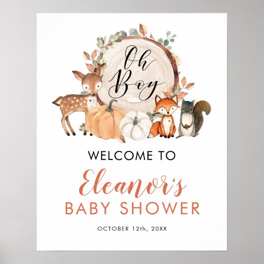 Woodland Oh Boy Pumpkin Baby Shower Welcome Sign ポスター (正面)
