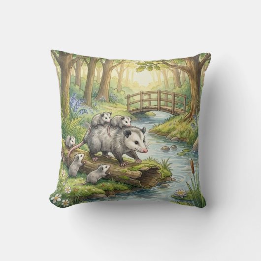 Woodland Opossum Mama & Babies Kids Throw Pillow クッション (正面)