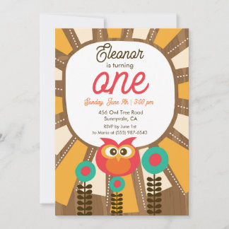 Woodland Owl First Birthday Invitation – One Year  招待状