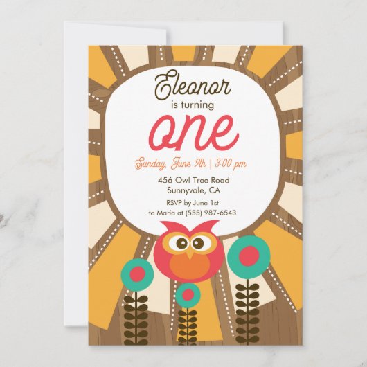 Woodland Owl First Birthday Invitation – One Year  招待状 (正面)