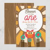 Woodland Owl First Birthday Invitation – One Year  招待状 (正面/裏面)