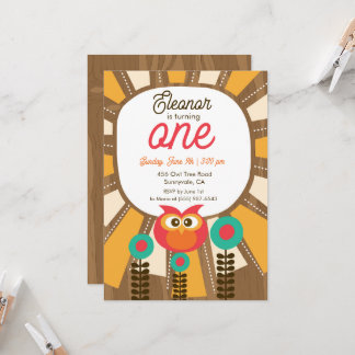 Woodland Owl First Birthday Invitation – One Year  招待状
