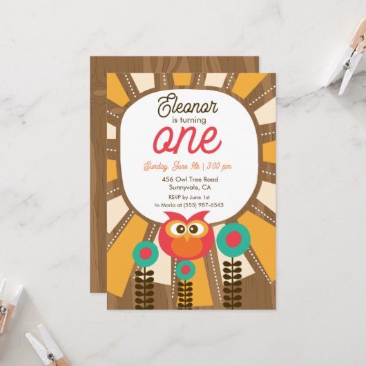 Woodland Owl First Birthday Invitation – One Year  招待状 (正面/裏面インサイチュ)
