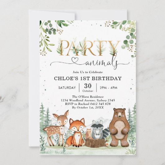 Woodland Party Animals Boy Birthday Invitation 招待状 (正面)