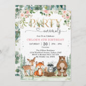 Woodland Party Animals Girl Birthday Invitation 招待状 (正面/裏面)