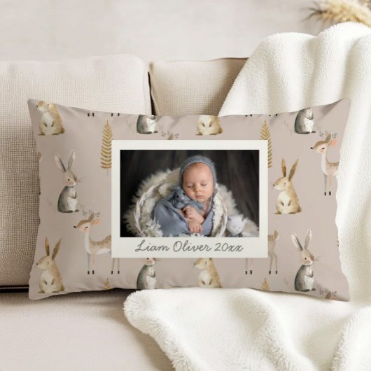 Woodland Pattern Beige Gray Custom Photo Nursery アクセントクッション