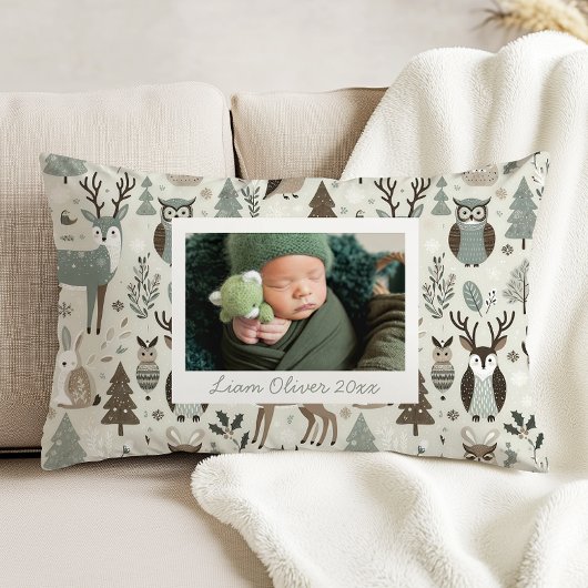 Woodland Pattern Green Brown Custom Photo Nursery アクセントクッション