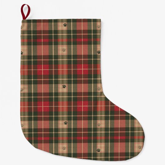 Woodland Plaid Pet Christmas Stocking with Paws ラージクリスマスストッキング (正面)