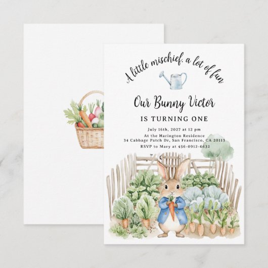 Woodland Rabbit Veggie Garden Party First Birthday 招待状 (正面/裏面)