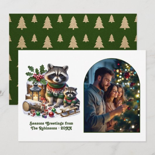 Woodland Raccoon Family Rustic Forest Christmas シーズンカード (正面/裏面)