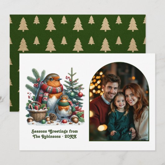 Woodland Robin Family Cozy Forest Christmas Photo シーズンカード (正面/裏面)