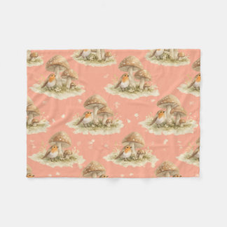 Woodland Robin & Mushroom Watercolor Pattern フリースブランケット