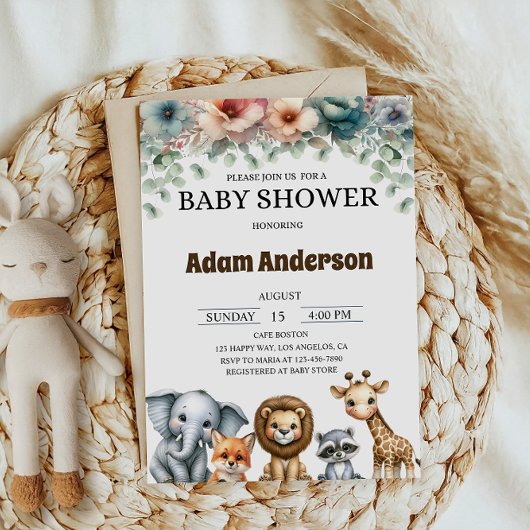 Woodland Safari Animals Baby Shower 招待状
