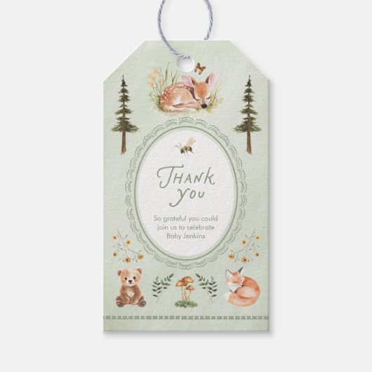 Woodland Sage Green Baby Shower Thank You ギフトタグ (正面)