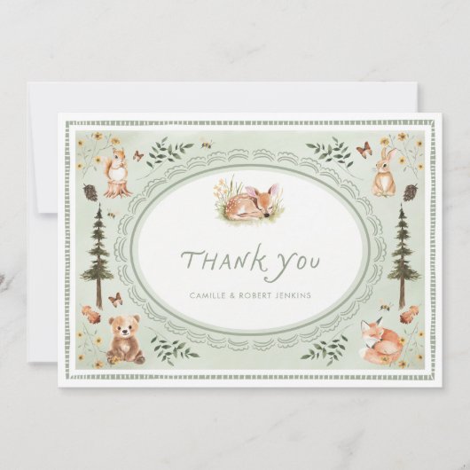 Woodland Sage Green Baby Shower Thank you Card サンキューカード (正面)