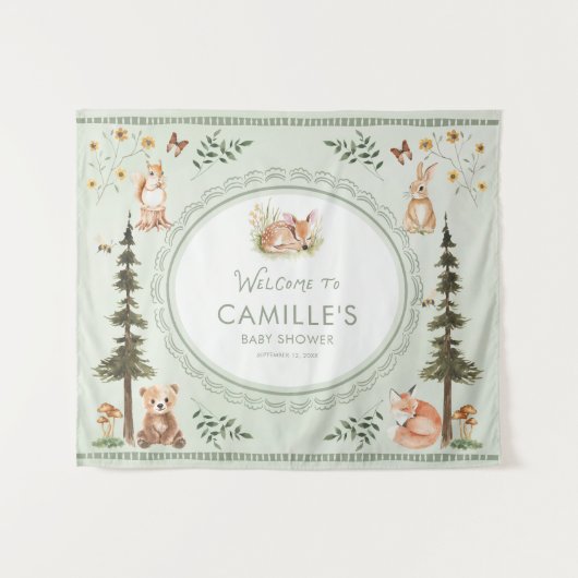 Woodland Sage Green Baby Shower Welcome タペストリー (正面(横))