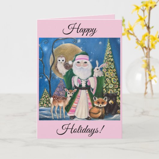 Woodland Santa and Animals Holiday カード (黄色い花)