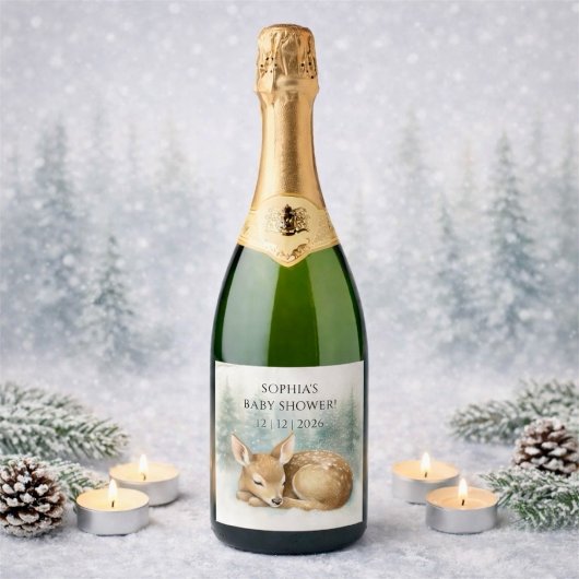 Woodland Sleeping Baby Deer Winter Baby Shower スパークリングワインラベル