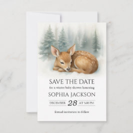 Woodland Sleeping Baby Deer Winter Baby Shower セーブザデート