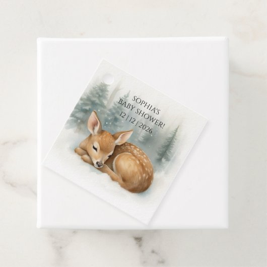 Woodland Sleeping Baby Deer Winter Baby Shower フェイバータグ (インサイチュ)