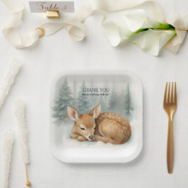 Woodland Sleeping Baby Deer Winter Baby Shower ペーパープレート
