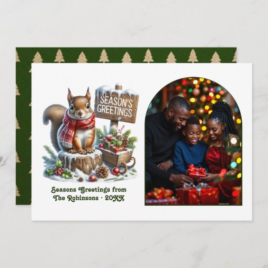 Woodland Squirrel Rustic Forest Christmas Photo シーズンカード (正面/裏面)
